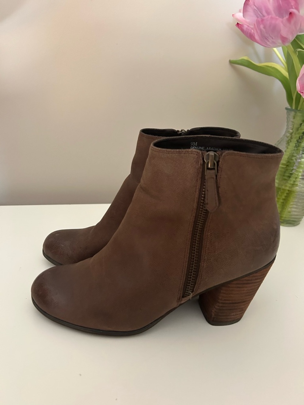 Nordstrom Brown Leather Ankle Booties with Stacked Heel